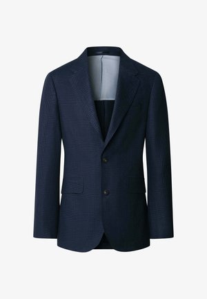 Blazer azul marino para hombre con patrón de cuadros sutil, solapas con muescas, dos botones delanteros y bolsillos con solapa a ambos lados.