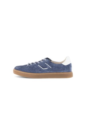 Blue suede sneaker with perforated detailing, white accents at the heel, grey laces, and a textured brown rubber sole.