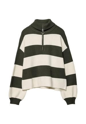 Pull en tricot avec un col montant, arborant des rayures horizontales vert olive et crème. Inclut un détail zippé argenté au niveau du cou.
