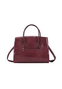 Borsa in faux croco color bordeaux con due manici superiori, una tracolla removibile e una tasca anteriore con zip. Finitura liscia, design strutturato.