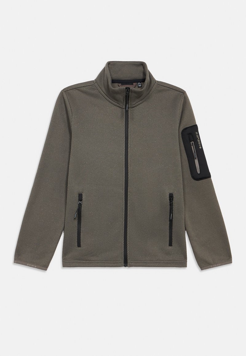 Καφέ υφασμάτινο μπουφάν με πλήρη φερμουάρ και ψηλό γιακά, δύο εμπρόσθιες τσέπες με φερμουάρ και μία μαύρη τσέπη με φερμουάρ στο αριστερό μανίκι.