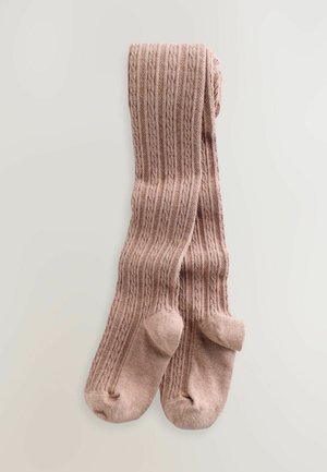 Strikkede lyserøde strømpebukser med ribbet tekstur, forstærket tå og hæl. Stoffet har en blød finish og intrikate mønsterdetaljer.