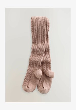 Collant rosa lavorati a maglia con una texture a coste, dotati di punta e tallone rinforzati. Il tessuto ha una finitura morbida e un dettaglio di motivo intricato.