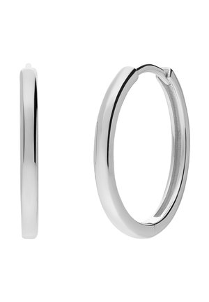 Zilverkleurige gladde oorringen met scharnierende sluiting, weergegeven in voor- en zijaanzicht op een witte achtergrond.