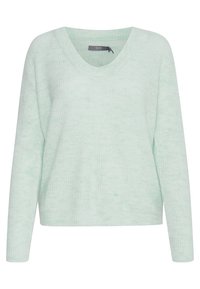 Pull en maille texturée vert clair avec un col en V, des manches longues et une coupe décontractée. Présente un motif côtelé subtil sur l'ensemble.