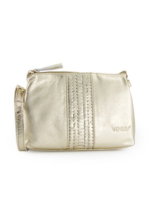 Lille metallisk gylden læderhåndledsrem med flettet centerstribe, lynlåslukning og præget "VENEZIA"-logo foran.