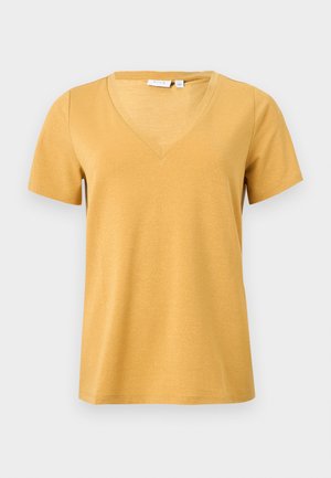 Gelbes T-Shirt mit kurzen Ärmeln und V-Ausschnitt aus weichem Stoff, dargestellt vor einem schlichten hellgrauen Hintergrund.