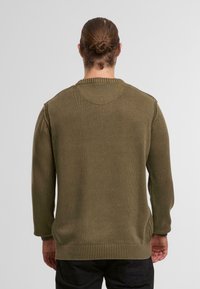 Maglione in verde oliva lavorato a maglia con scollatura e polsini a costine, caratterizzato da una vestibilità dritta e una trama che enfatizza morbidezza e calore.
