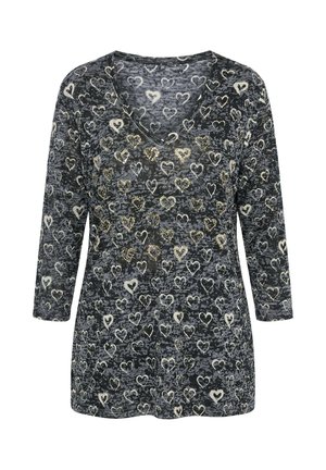 Haut à manches longues et col en V de couleur gris foncé avec un motif répété de cœurs en blanc et or. Tissu doux avec une finition légèrement texturée.