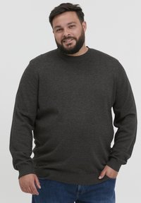 Pull gris foncé avec un col rond, des poignets et un ourlet côtelés. Porté avec un jean bleu, affichant une texture lisse et une coupe décontractée.