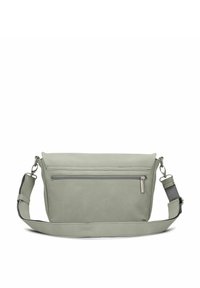 Borsa a tracolla in pelle verde grigia con tasca frontale con zip, cinturino regolabile e superficie morbida e testurizzata. Design minimalista.