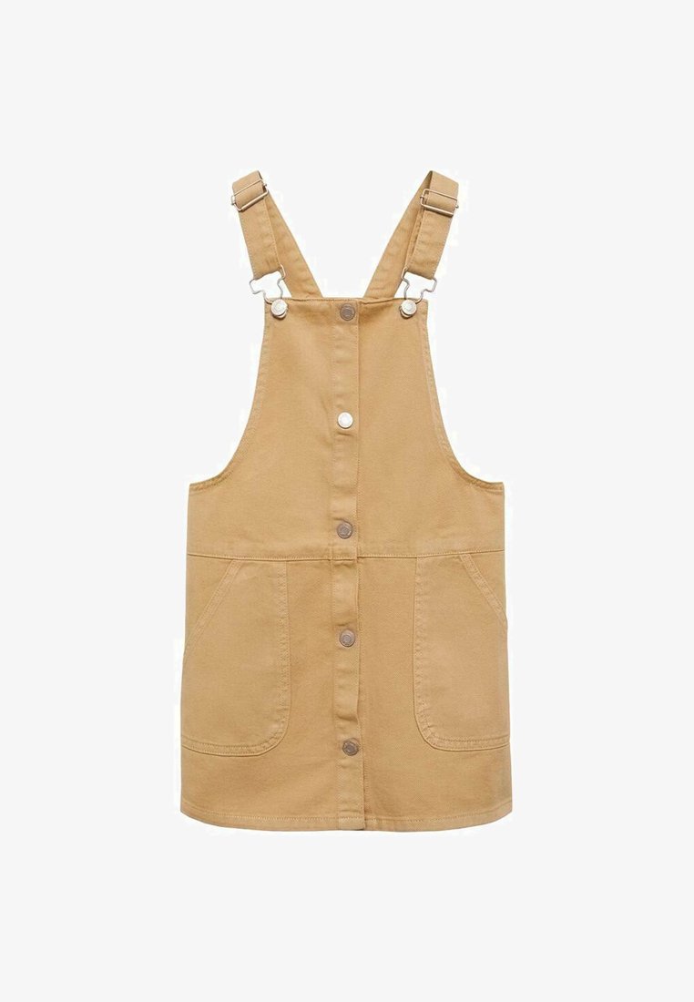 Khaki denim hängselklänning med justerbara band, silverdetaljer, fem knappar och två framfickor. Slät textur med en avslappnad design.