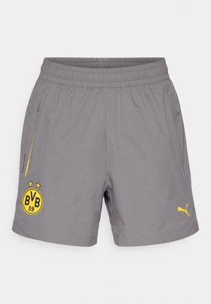 Pantaloni scurți sport gri, dintr-un material ușor. Prezintă accente și logo-uri galbene, talie elastică și două buzunare laterale.