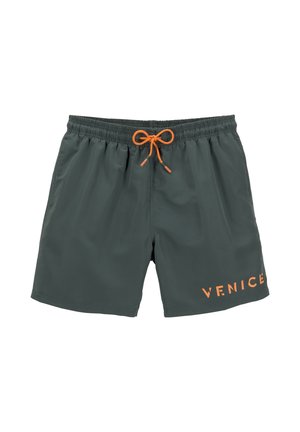 Miestne plavky v tmavozelenej farbe. Disponujú elastickým pásom so šnúrkou v oranžovej farbe a logom "VENICE" v oranžovej na boku.