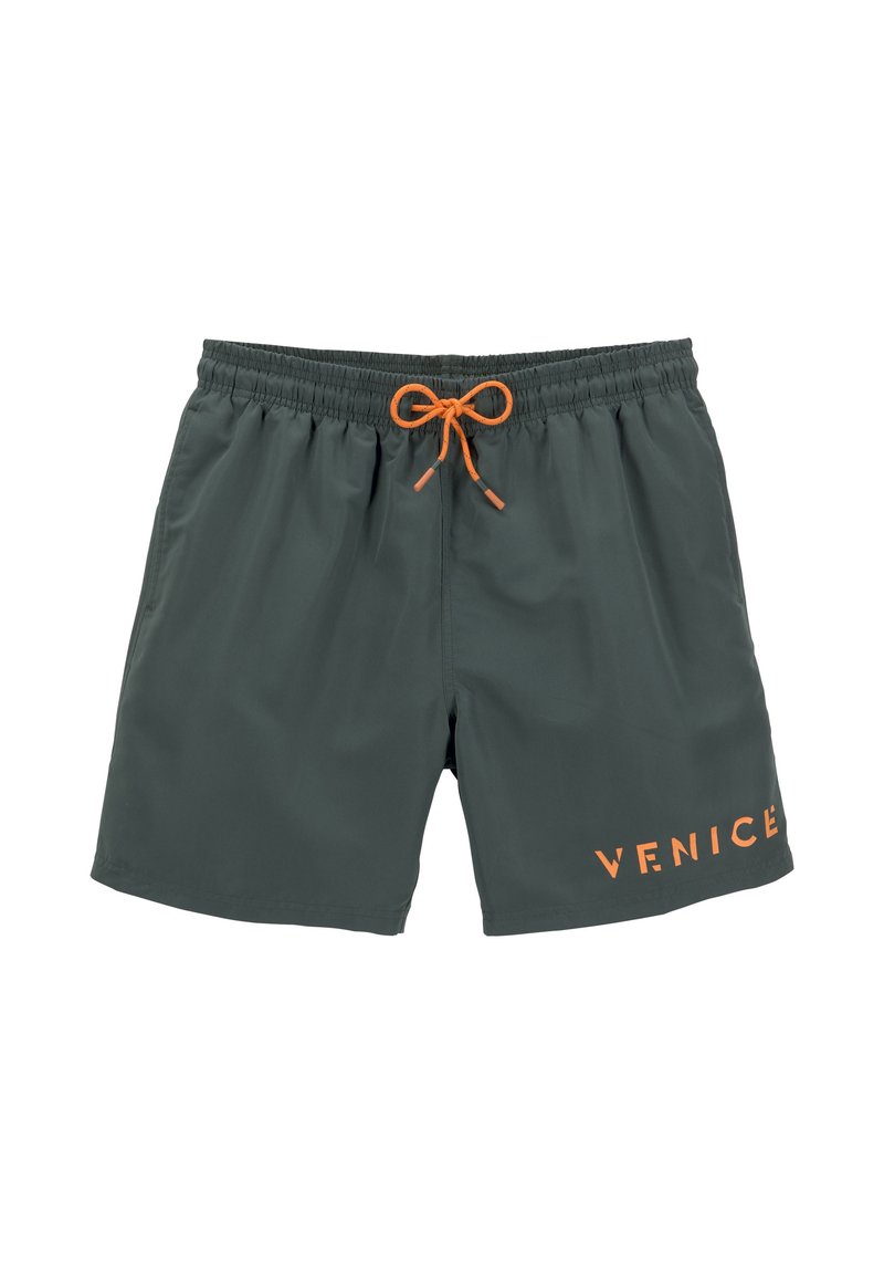 Vyrų maudymosi šortai tamsiai žali. Turintys elastinį juosmenį su oranžine virvele ir oranžiniu „VENICE“ logotipu šone.