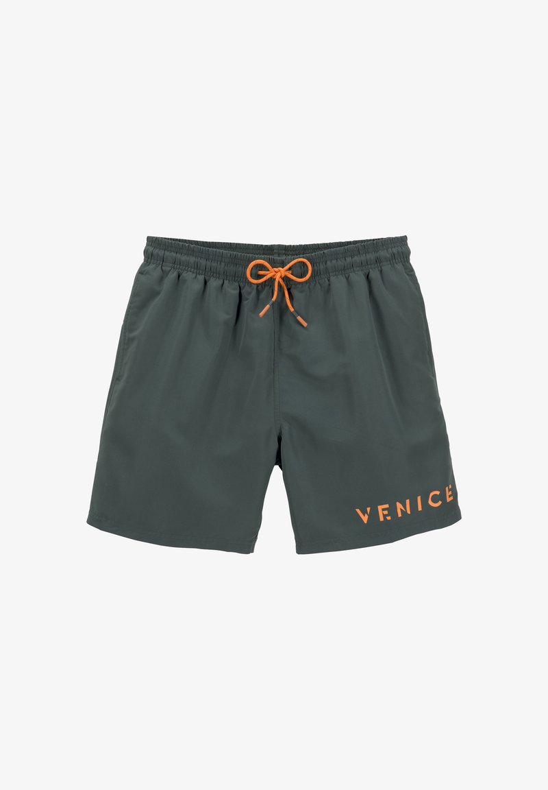 Pánske plavkové šortky v tmavozelenej farbe. Majú elastický pás s oranžovým šnúrkovým sťahovaním a oranžovým logom "VENICE" na boku.