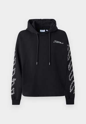 Sweat à capuche noir avec cordons à l'avant, logo texte blanc Off-White sur la poitrine et motifs texte blancs dispersés le long des deux manches.