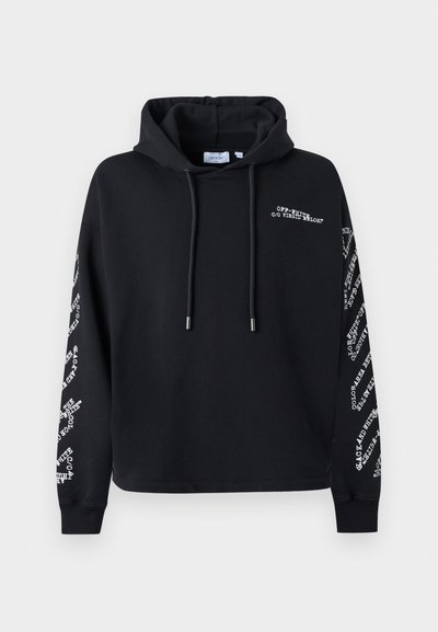 Sweat à capuche noir avec cordons à l'avant, logo texte blanc Off-White sur la poitrine et motifs texte blancs dispersés le long des deux manches.