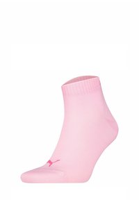 Calcetín rosa claro hasta el tobillo con un puño ribeteado y un pequeño logo en un tono de rosa más oscuro en el lado. Fabricado con un material suave y elástico.