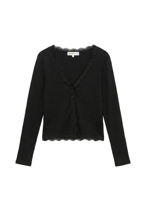 Cardigan noir à manches longues en maille côtelée avec bordure en dentelle festonnée à l'encolure, fermeture à boutons devant et à l'ourlet, de la marque Pull&Bear.