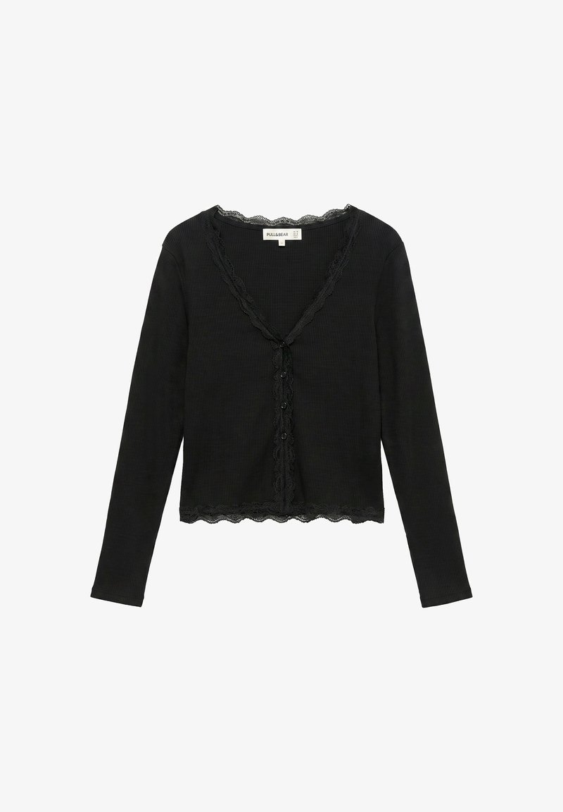 Cardigan noir à manches longues en maille côtelée avec bordure en dentelle festonnée à l'encolure, fermeture à boutons devant et à l'ourlet, de la marque Pull&Bear.