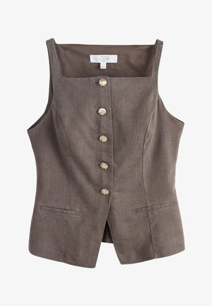 Gilet marrone in lino senza maniche con scollo quadrato, cinque bottoni a forma di conchiglia sul davanti e due tasche orizzontali a fessura.