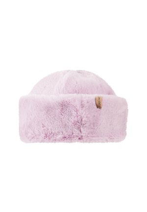 Light pink faux fur winter hat with a wide cuff and a small beige tag on the side against a white background.