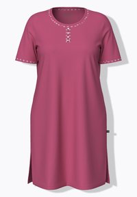 Vestido rosa de manga corta y largo hasta la rodilla con escote redondo, ribete floral blanco, tapeta de botones y aberturas laterales.