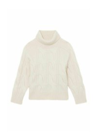 Debeli pleteni džemper s visokim ovratnikom u svijetloj krem boji, s rebrastim manžetama i rubom, te teksturiranim valovitim uzorkom po tijelu.
