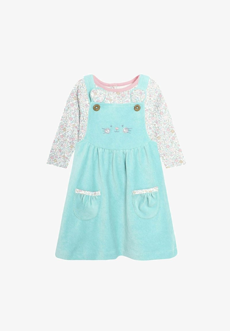 Blå kordfløjlskjole med en brystlomme, der har blomstrede lange ærmer, lomme detaljer og et broderet kaninansigt med knapdetaljer.