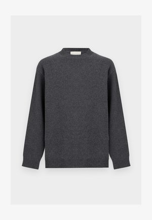 Dark gray crew neck sweater with long sleeves, ribbed cuffs, hem, and neckline, displayed against a plain light background.