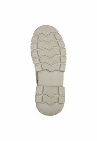 Sole della scarpa in beige chiaro con un motivo testurizzato a zigzag. Taglia 37 segnata sul fondo. Materiale durevole progettato per la trazione.