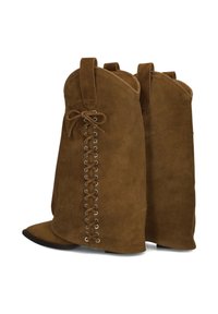 Bruine suède enkellaarsjes met een spitse neus, achterste veters en zijlusaccenten. Glad oppervlak met een gestructureerd ontwerp.