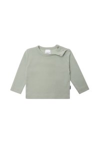 Langärmliges, hellgrünes Baumwoll-T-Shirt mit rundem Ausschnitt und Druckknopfverschluss an der linken Schulter für einfaches An- und Ausziehen. Glatte Textur.