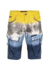 Cargo-Shorts mit einem Batikmuster in Gelb, Grau und Blau. Hergestellt aus Baumwolle mit Metallnieten und mehreren Taschen zur Aufbewahrung.