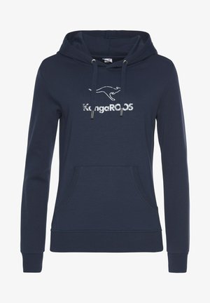 Navyblauer Hoodie mit Känguru-Logo und glitzerndem Text. Er verfügt über eine Vordertasche, verstellbare Kordeln und gerippte Bündchen sowie Saum.
