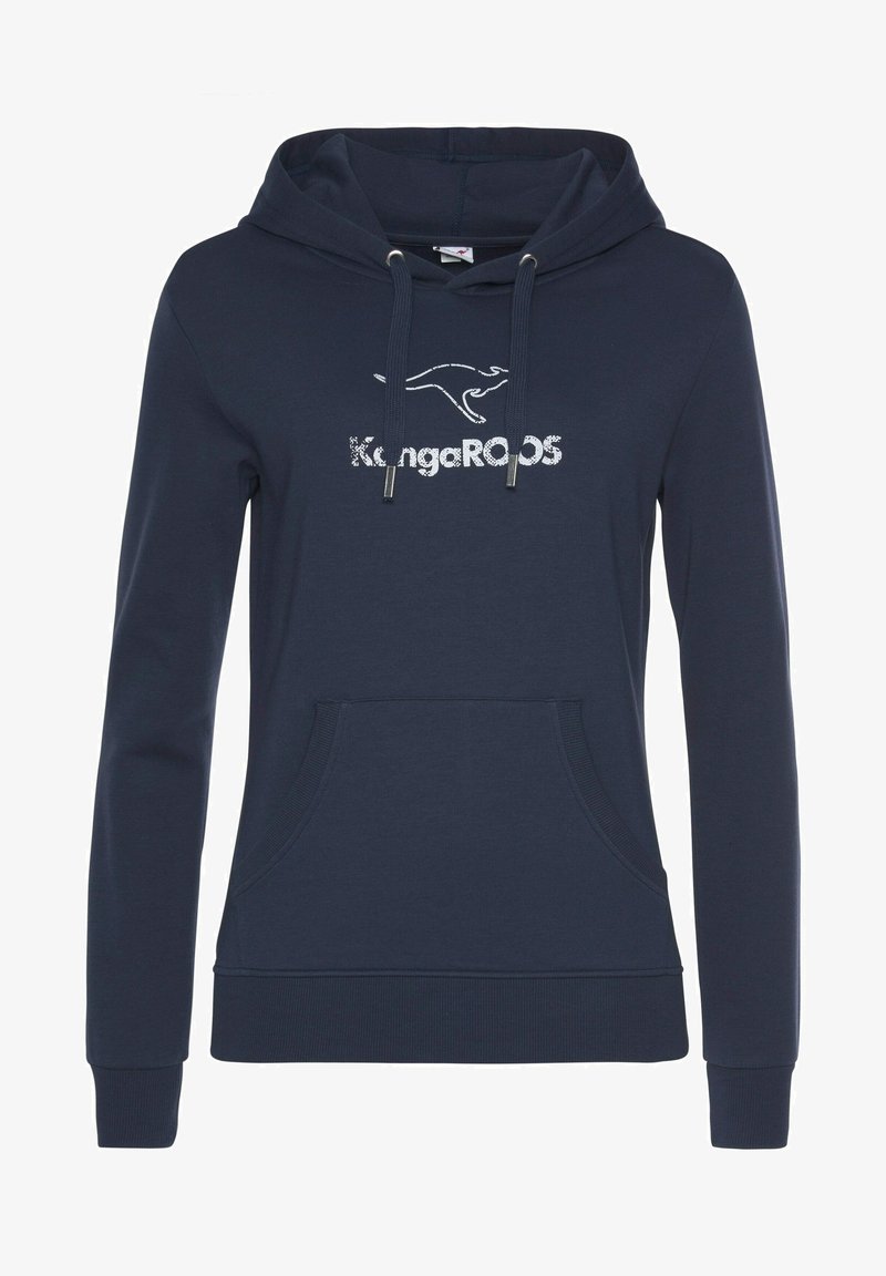 Navyblauer Hoodie mit Känguru-Logo und glitzerndem Text. Er verfügt über eine Vordertasche, verstellbare Kordeln und gerippte Bündchen sowie Saum.