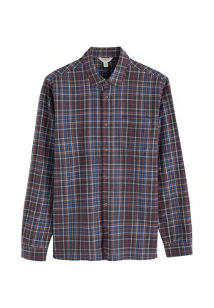 Een overhemd met knoopsluiting in een grijs, rood en blauw ruitpatroon, lange mouwen, traditionele kraag en borstzak. Katoenen stof.