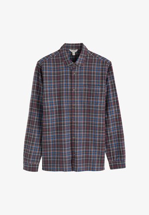 Srajca z gumbi, ki ima siv, rdeč in moder karirast vzorec, dolge rokave, klasičen ovratnik in žep na prsih. Iz bombažne tkanine.