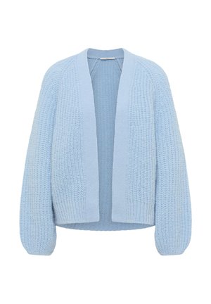 Light blue chunky knit cardigan with open front and long puffed sleeves.