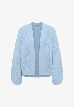 Light blue chunky knit cardigan with open front and long puffed sleeves.