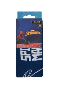 Calzini Spider-Man Blue Marvel per bambini, taglia 31-34, confezionati con un'etichetta di cartone che mostra Spider-Man e i dettagli del prodotto.