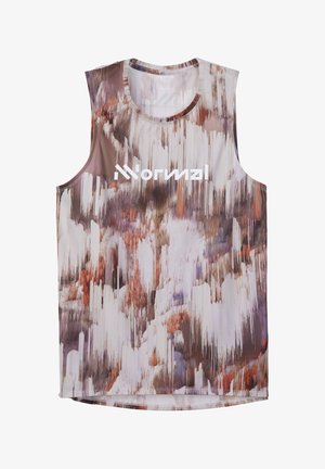 Ärmelloses Sportshirt mit abstraktem vertikalem Streifenmuster in Braun-, Weiß- und Lilatönen, mit weißem Markentext in der Mitte.