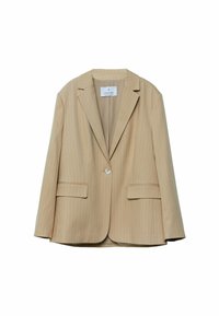 Beige kavaj med sträck i enstaka knappstängning, slagkrage, två framfickor och en slät yta.