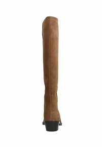 Bruine suède over-de-knie laars met een slanke vorm, een lichte hak en naaddetails aan de achterkant. Gladde textuur met een matte afwerking.