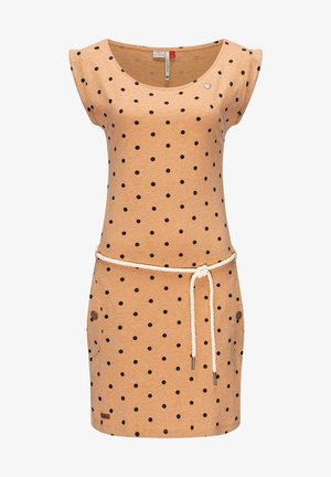 Orange dress with black polka dots, short sleeves, and a waist tie made of rope. Features side pockets and a small logo detail.