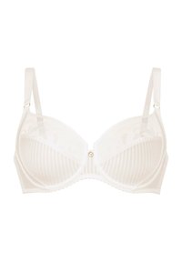 Witte beha met kanten paneel en verticale strepen, beugelondersteuning, verstelbare schouderbanden en een kleine decoratieve hardwareaccent in het midden.