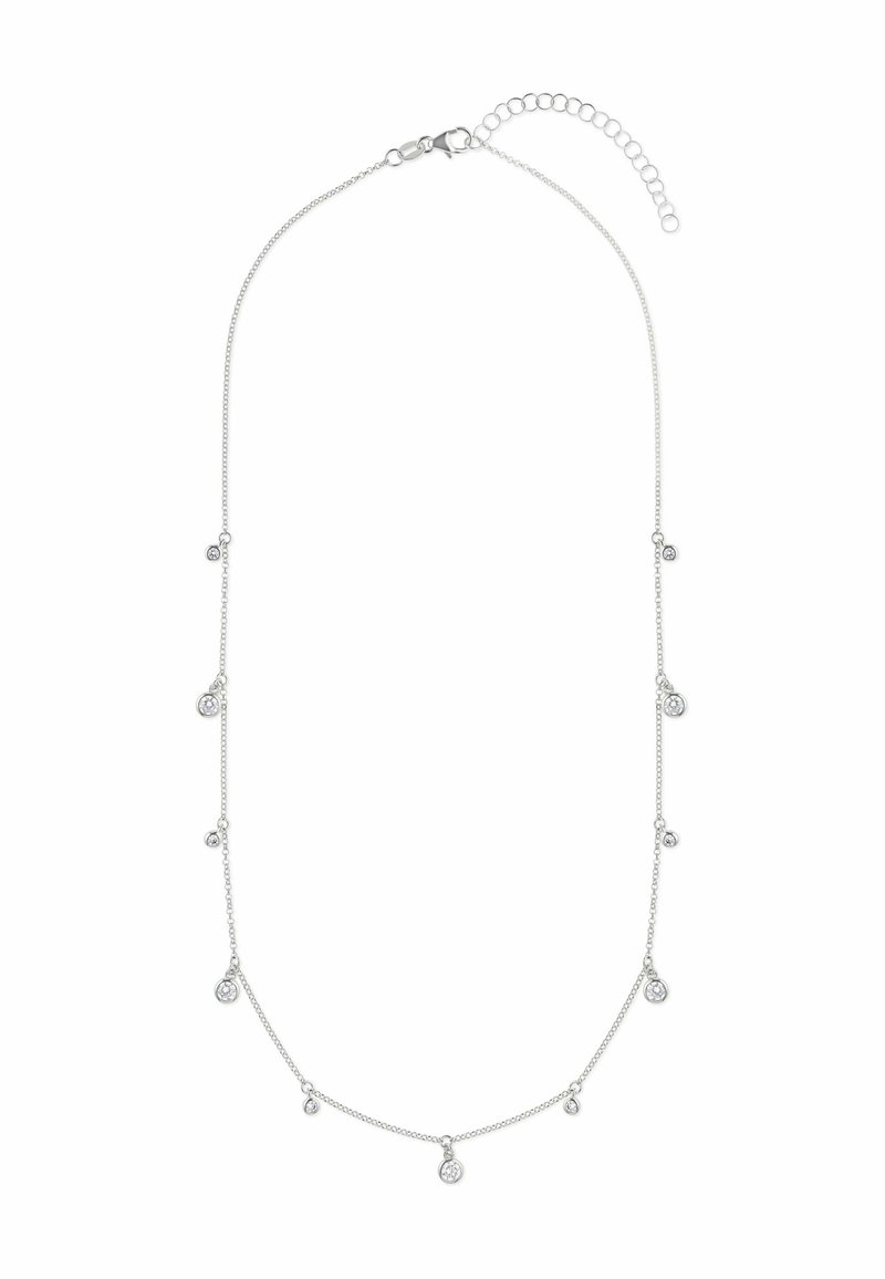 Sølv kæd necklace med runde vedhæng med klare krystaller, der varierer i størrelse, hængende med intervaller langs kæden. Justerbar lås.
