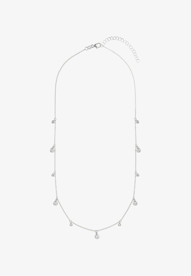 Sølv kæd necklace med runde vedhæng med klare krystaller, der varierer i størrelse, hængende med intervaller langs kæden. Justerbar lås.