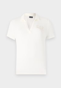 Fehér pólóing enyhe fényű, rövid ujjú, V-nyakú; bal mellkason arany színű hímzett "EA7" logóval.